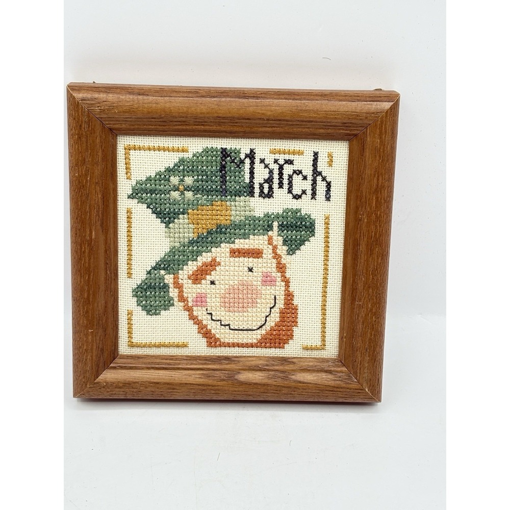 Completed March Leprechaun Cross Stitch Rustic Wood Framed 5" X 5"